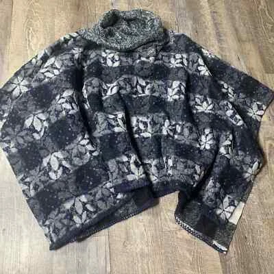 Anthropologie Sleeping On Snow One Size Poncho Sweater Blue Black Reversible - Image 1 of 4