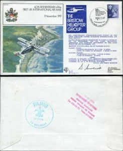 Helicóptero FF9b 60th Ann of the 1st Reino Unido Int Air Mail Tripulación Firmado - Imagen 1 de 1