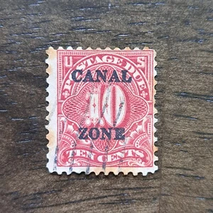 CANAL ZONE #J3 10c Rose Carmine "E" Filled Misaligned Big Margin Used  - Picture 1 of 3