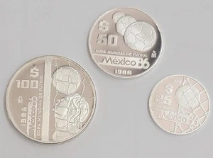 25 -100 Pesos World Cup Goalie in Net 1986 Mexico Ag Proof 3 Pc Set - Picture 1 of 2