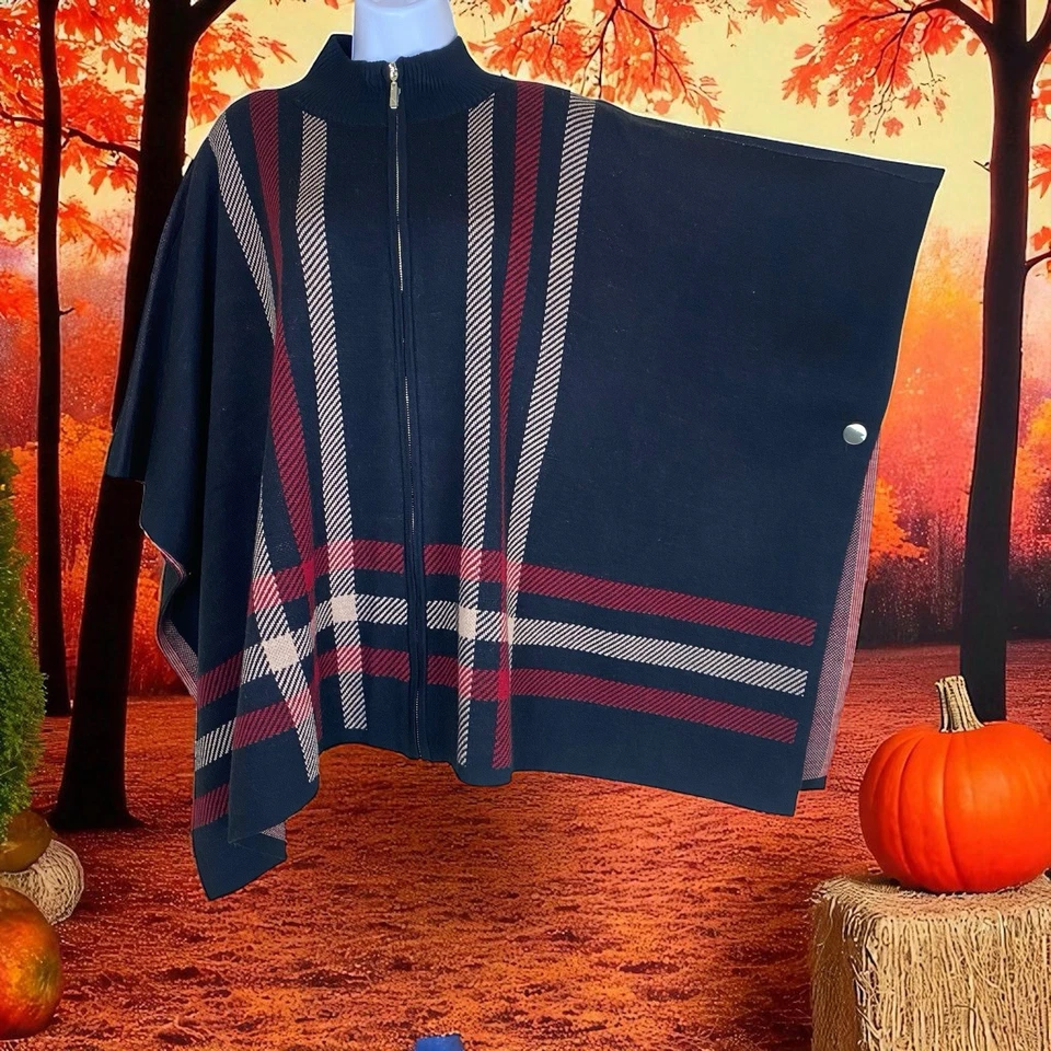 Nuevo sin etiquetas Poncho Capa Negra Tartán a Cuadros Cremallera Frontal Talla Grande Foto 1 de 4