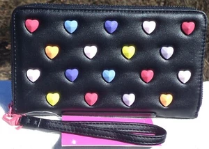 Betsey Johnson HEART Studded BLACK Zip Around WRISTLET Wallet MULTICOLOR NEW TAG - Picture 1 of 8