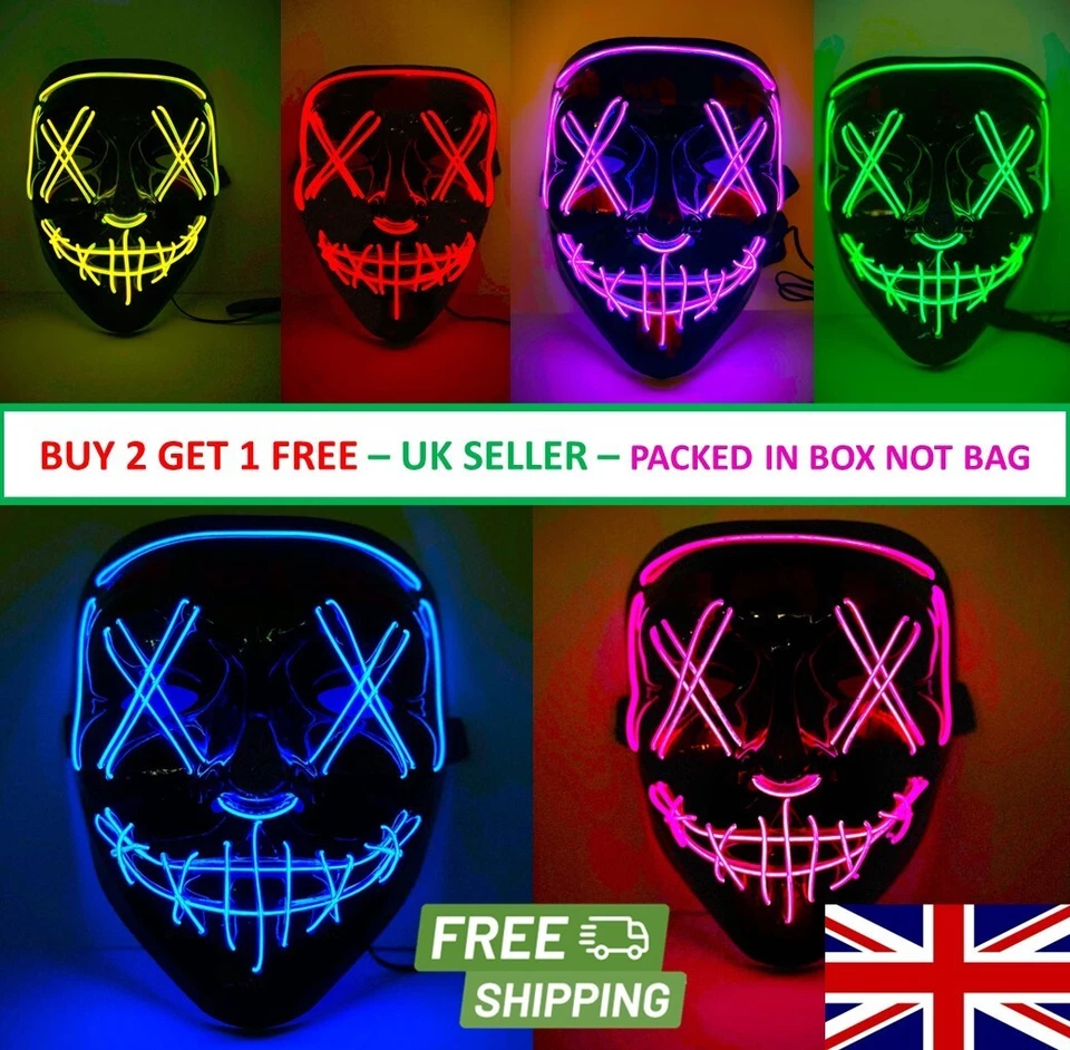 LED Halloween Maske Stiche Säuberung blinkendes Kostüm Party Rave beleuchtet UK - Bild 1 von 1