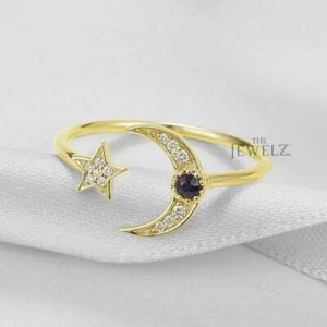 14K Gold 0.18 CT White-Black VS/F-G Diamond Crescent Moon Star Ring Jewelry - Picture 1 of 5