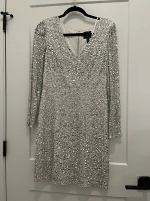 Adrianna Papell Women’s Silver Sequins Long Sleeve Party Cocktail Dress Size 6 - Image 1 of 4