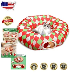 Deluxe 3-in-1 Checkered Cat Tunnel Bed & Play Cave for Indoor Cats and Kittens - Picture 1 of 9
