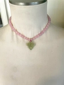 Rose Quartz Pink Faceted Necklace with Green Jade Pendant Handmade  NWT USA - Picture 1 of 4
