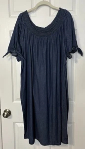 Terra & Sky Women’s Shift Dress Size 2X Dark Blue Chambray Denim Tie Sleeves - Picture 1 of 9