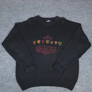 Vintage Structure Sweater Mens Extra Large Black Crewneck Crest Shield Knit 90s - Picture 1 of 13