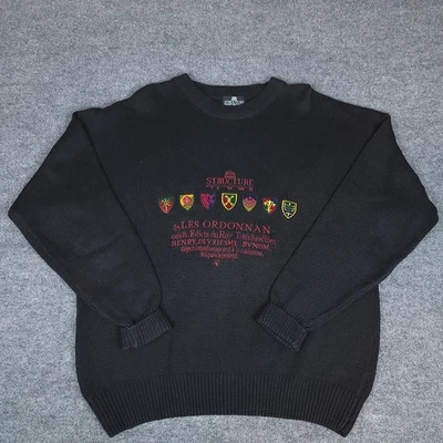 Vintage Structure Sweater Mens Extra Large Black Crewneck Crest Shield Knit 90s - Image 1 of 4