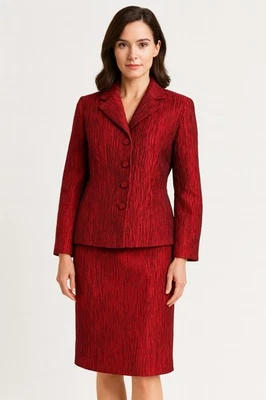 ALGO Of SWITZERLAND Skirt Suit Red Textured Crinkle Silk Formal Career Size 44 - Image 1 of 4