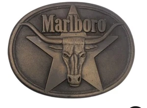 Marlboro Solid Brass 1987 Belt Buckle Philip Morris Inc. Long Horn Bull Logo Vtg - Picture 1 of 3