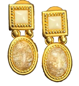 Leslie Block goldfarbene schicke modische Jaspis Ohrhänger Clip-on Ohrringe Vintage - Bild 1 von 4