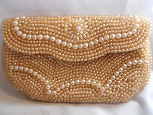 Vintage Damen Beige Perlen Perlen Clutch Handtasche Tasche Handtasche 6" x 3 1/2" - Bild 1 von 5