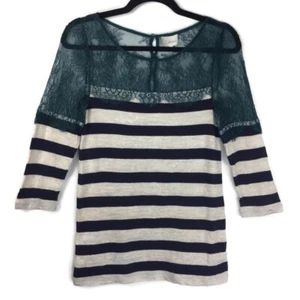 DELETTA Womens S Anthropologie White / Navy / Teal Lace Striped Sweater Top - Picture 1 of 6