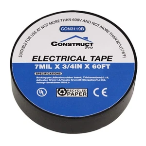 Construct Pro UL-Listed Electrical Tape (3/4in x 60ft, Black Rubber) - Picture 1 of 6