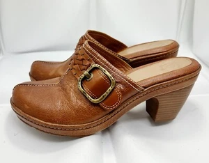 Nurture Sz 8.5 Brown Leather Braided Buckle Heeled Clogs Mules Platform Comfort - Picture 1 of 13