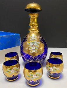 Cobalt Bohemia Glass DRINKS SET Decanter + 5 Cordials Gold Gilt & Hand Enameled - Imagen 1 de 15