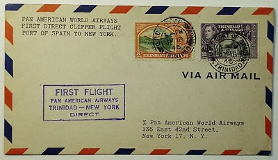 1946 Trinidad PanAm Airline First Flight Port of Spain to New York Airmail Cover - Image 1 of 2