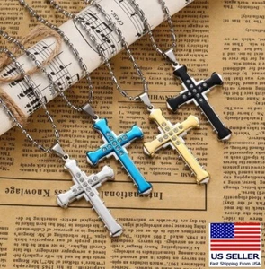 Men Stainless Steel Chain Necklace Crystal Layered 3D Cross Jesus Pendant 0848 - Picture 1 of 9