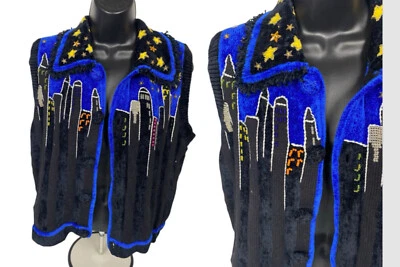 Chaleco Suéter Vintage Berek Mediano City Skyline Torres Gemelas Arte para Usar Tejido NUEVO Foto 1 de 4