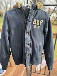 Abercrombie & Fitch Boys XL Full Zip Hooded Jacket Sherpa Lined Coat Navy Blue - Picture 1 of 9