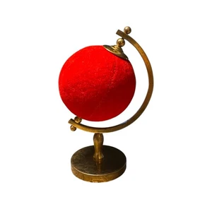 Vintage Rotating Globe Pin Cushion, Brass-Like With Red Velvet. Made In Japan - Picture 1 of 8