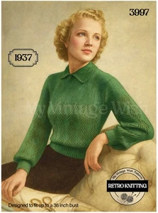 1930s Vintage Knitting Pattern Women’s Diamond Stitch Jumper 34-36" - Picture 1 of 2