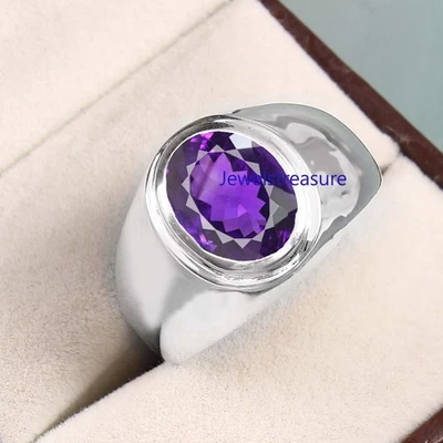 Natural Amethyst Gemstone with 925 Sterling Silver Ring for Men's #4338 - Image 1 of 4