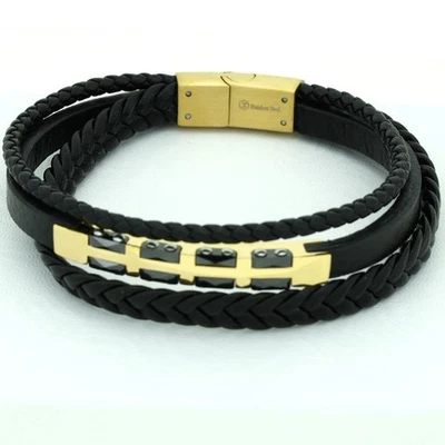 Brazalete de acero inoxidable de 8" para hombre, cuero trenzado, circonita cúbica magnética chapado en oro*CAJA Foto 1 de 4