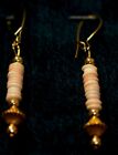 NWOT WHITE & PINK RINGED COLOUMN LANTERN BEAD HAND CRAFTED GOLD TONE EARRINGS