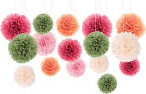 Wedding Party Decorations - 16Pcs Pink, Sage Green, Ivory Tissue Paper Pom Poms - Picture 1 of 12