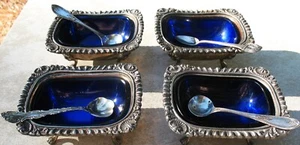 Lot of 4 Vtg. Crown Silver Co Silver on Copper Open Salts w Cobalt Glass Inserts - Picture 1 of 16