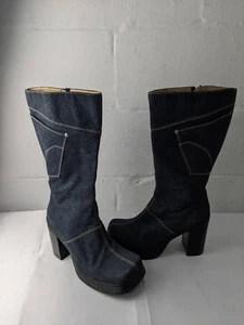 Ellemenno Y2K Chunky Platform Bratz Denim Boot Square Toe Heels Women Patch Pock - Picture 1 of 9