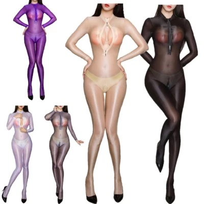 Женщин чистый длинным рукавом комбинезон шелковистый глянцевый спереди молнии боди комбинезон - Изображение 1 из 4