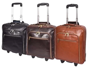 Real Leather Pilot Case with Wheel for Business Organiser Travel Cabin Bag HLG51 - Picture 1 of 22
