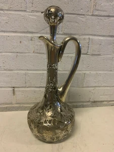 Antique Alvin Sterling Silver 999 Overlay Glass Decanter Pitcher Grape Vine Dec. - Picture 1 of 12