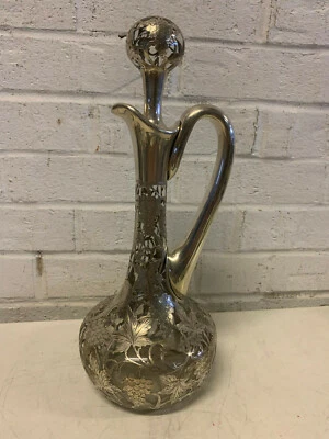 Antique Alvin Sterling Silver 999 Overlay Glass Decanter Pitcher Grape Vine Dec. - Image 1 of 4