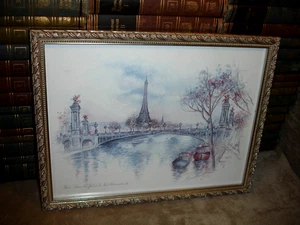 Stampa acquerello vintage Bernadette Voz ponte Pont Alexandre III e torre Eiffel - Foto 1 di 17