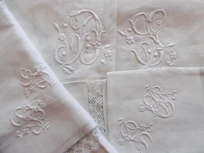 Drap + 2 taies pur fil de lin brodé chiffrés D.S. (1) - Photo 1/4