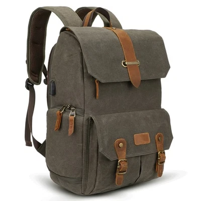 Vintage Camera Backpack Canvas Large Waterproof Laptop Bag for DSLR SLR Canon - Image 1 of 4