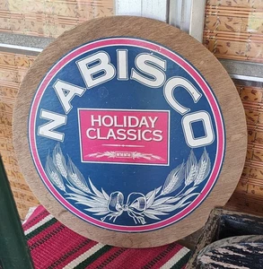 Coperchio Pubblicitario Biscotti Nabisco in Legno Vintage, Classici Festività Natale - Foto 1 di 1