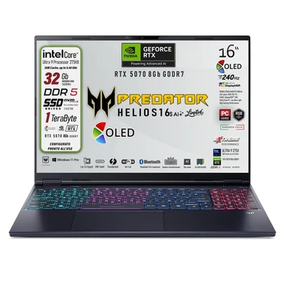 Acer Predator Helios Neo 16s AI, Ultra9, Oled 240Hz 1TB, 32GB, RTX5070, W11 Pro - Immagine 1 di 4