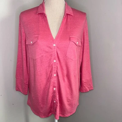 Camisa J McLaughlin Rosa Punto Mezcla Lino Manga 3/4 Botón Delantero Cuello en V Talla XL Foto 1 de 4