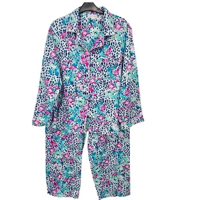 Miss Elaine Women XL Pajama Set Floral Leopard Print Satin Loungewear - CJ - Image 1 of 4
