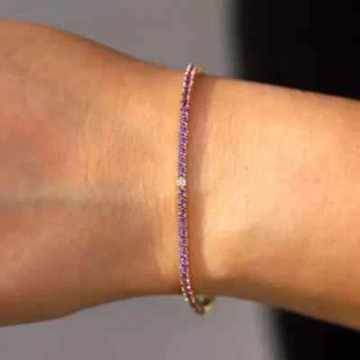 Rd Cut 4 Ct Lab Created Amethyst Women Tennis Bracelet 14K Yellow Gold Plated 7" - Image 1 of 3