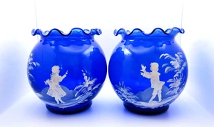 Pair Antique Genuine Late 19th Century Hand blown Blue Mary Gregory Glass Vases - Picture 1 of 24