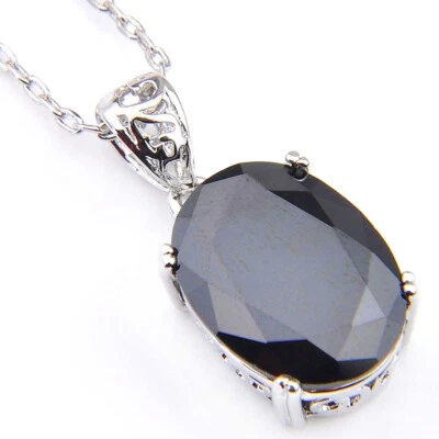 Oval Shaped Fire Black Onyx Gemstone Silver Charm Necklace Pendants 1 1/16 Inch - Image 1 of 4