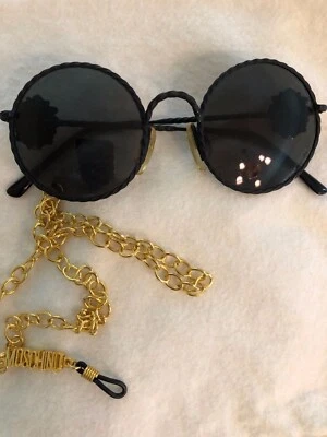 MOSCHINO PERSOL VINTAGE BLACK ROPE, GOLD LION HEADS SUNGLASSES WITH CHAIN -ITALY - Image 1 of 4