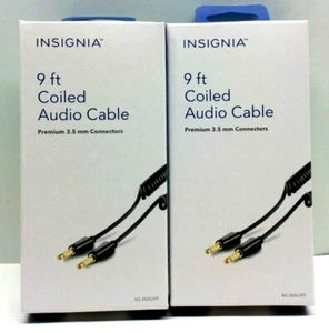 Insignia Stereo Aux 9 foot Black Coiled Cable fits 3.5mm audio jack 2 Pack - Picture 1 of 3